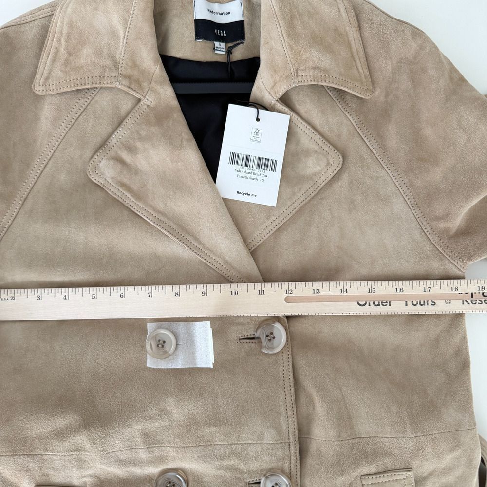 Reformation Veda Leather Jacket Small Tan Suede Trench Coat Belted Double Breast - Picture 12 of 12